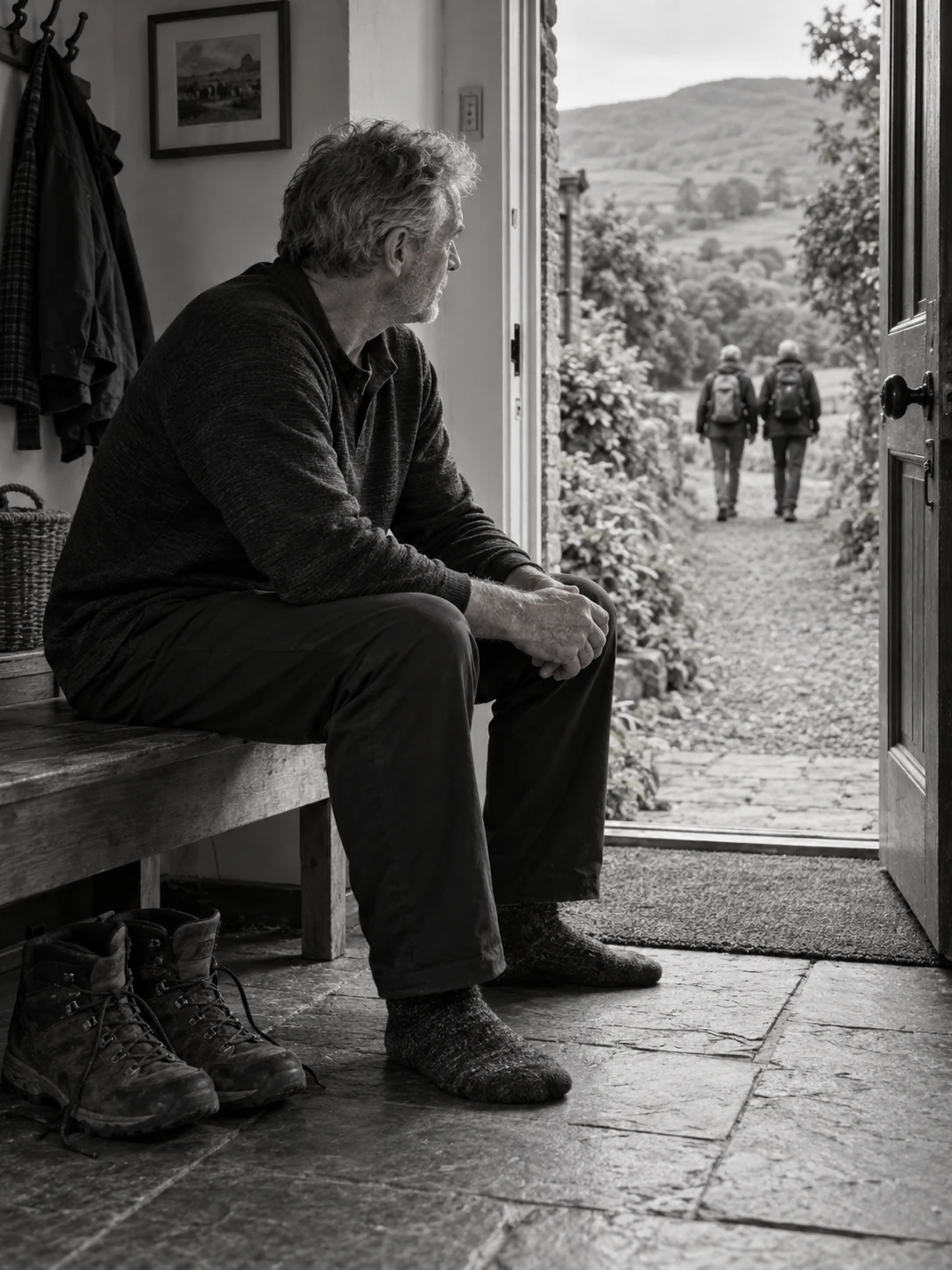 A man sits beside his walking boots, watching two friends head out for a walk.